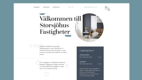 Storsjöhus Fastigheter website with an elegant serif welcome headline and a list of available apartments