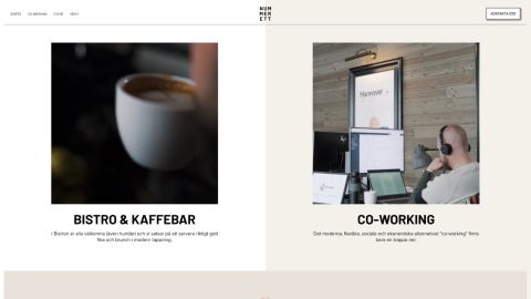 Nummer Ett website with a bistro and coffee bar section next to a co-working section