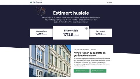 Husleie.no rental price estimate showing lower, estimated and upper monthly rent for a Norwegian apartment